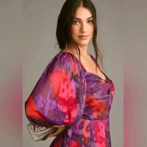 NWT Anthropologie HUTCH Printed Twist Puff Sleeve Ruffle Tie Dye Midi Dress XSP - Picture 2 of 6